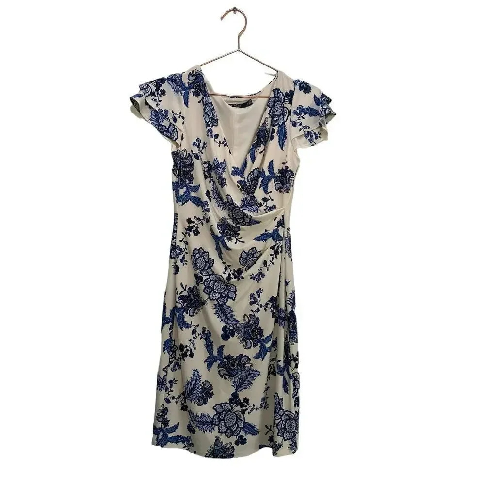 Lauren Ralph Blue Flutter Sleeve V-Neck Floral Print Dress Size 2P